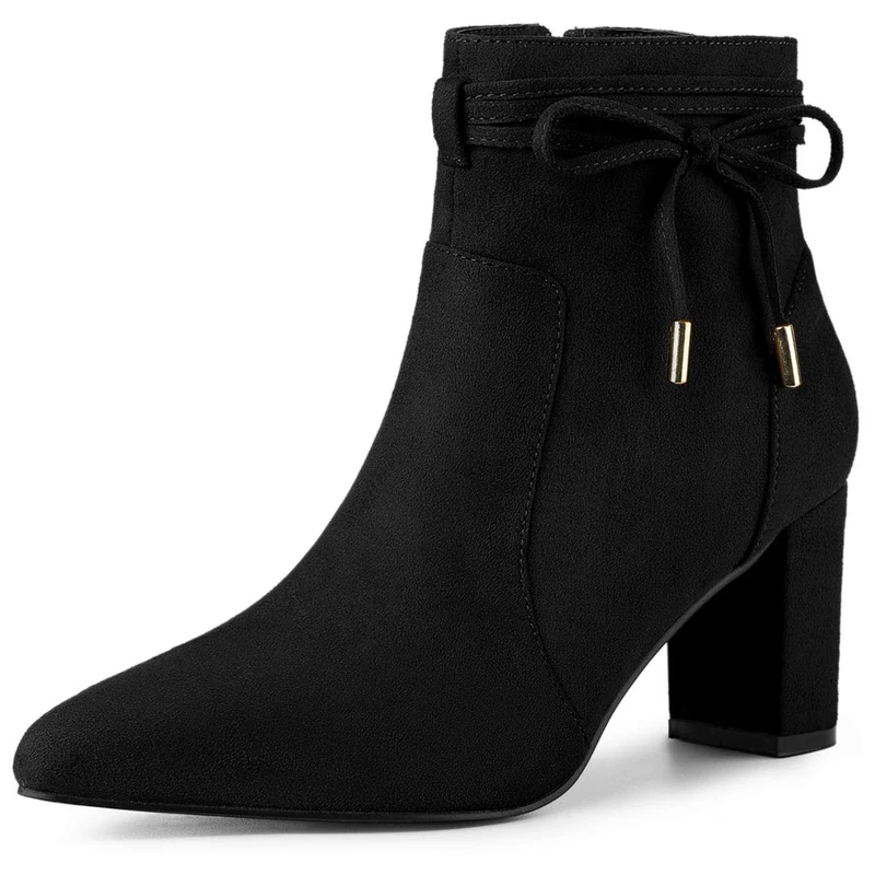 Allegra K Women's Pointed Toe Bow Block Heel Zipper Ankle Boots Black 6 UK/Label Size 8 US