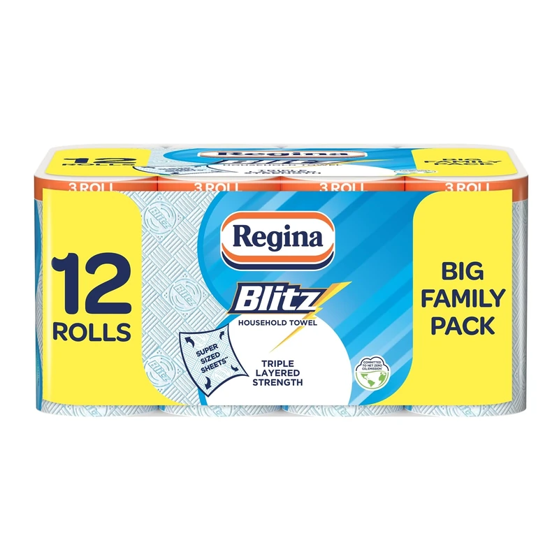 Regina Blitz Household Towels – 12 Triple Layered Rolls, 70 Sheets Per Roll, Recyclable-Paper Packaging, FSC Certified Paper, 60% Larger Than Standard Kitchen Roll Sheets