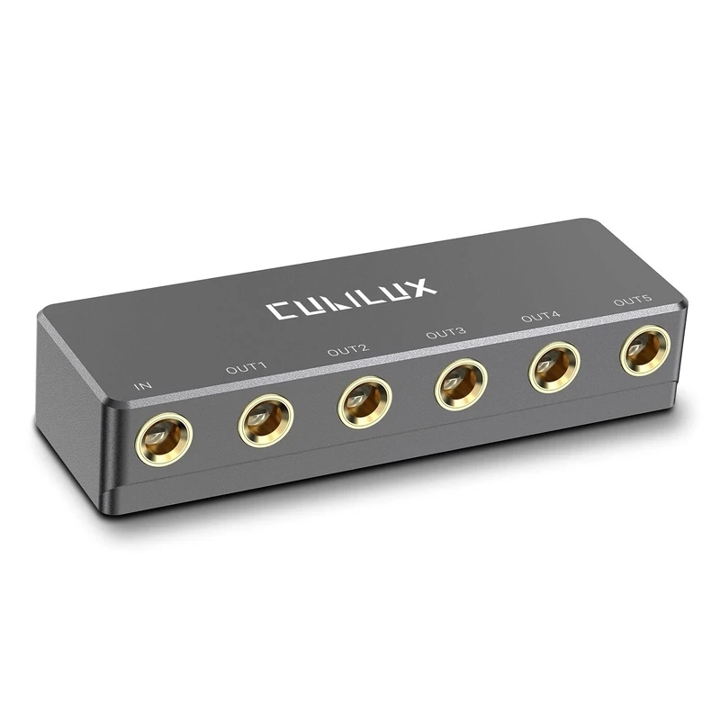 Cubilux 5-Way Quarter Inch Signal Splitter, Passive 1/4” Audio Splitter, 6.35mm Multiport Aux Splitter Box Compatible Instruments, Bass Guitar, Keyboard, Headphones, Studio Monitor, Speaker, Amplifier