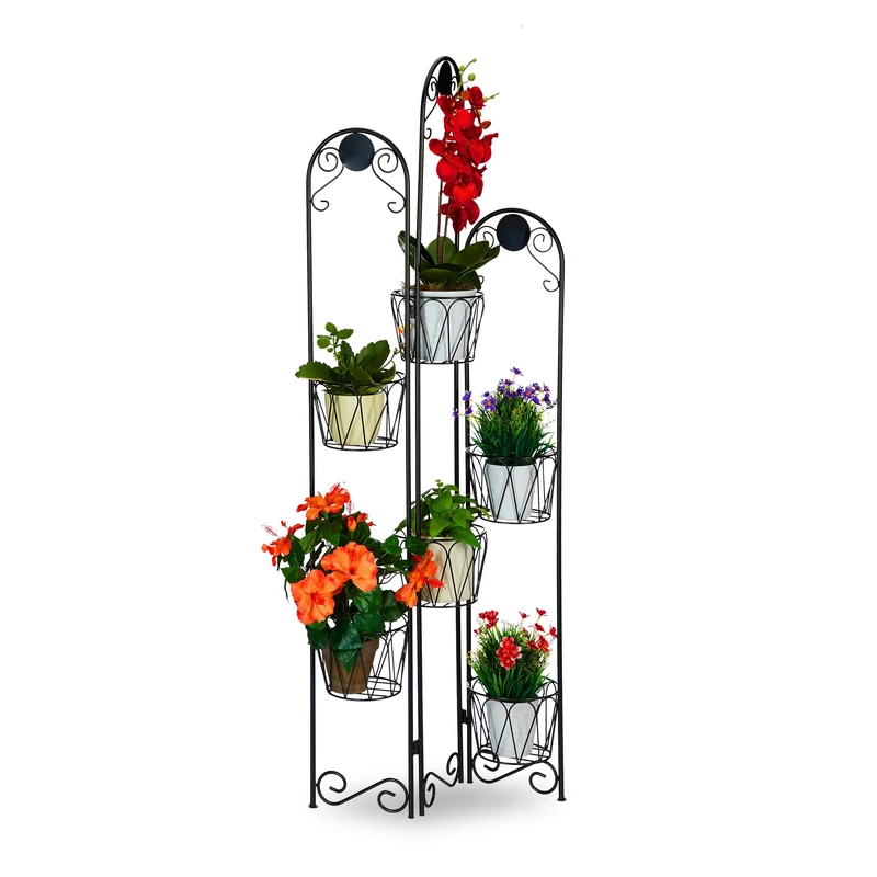 Relaxdays Metal Flower Rack, Paravent for Potted Plants, 6 Tiers, Etagere for In- and Outdoor Use, H 140 cm, Black