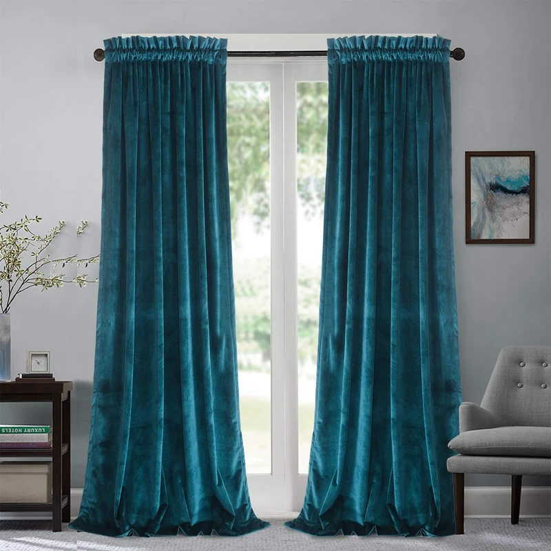 Roslynwood Velvet Curtain Panels Peacock Blue Room Darkening Window Super Soft Luxury Drapes for Bedroom Thermal Insulated Rod Pocket Curtain for Living Room/52Wx84L Peacock Blue, 2 Panels