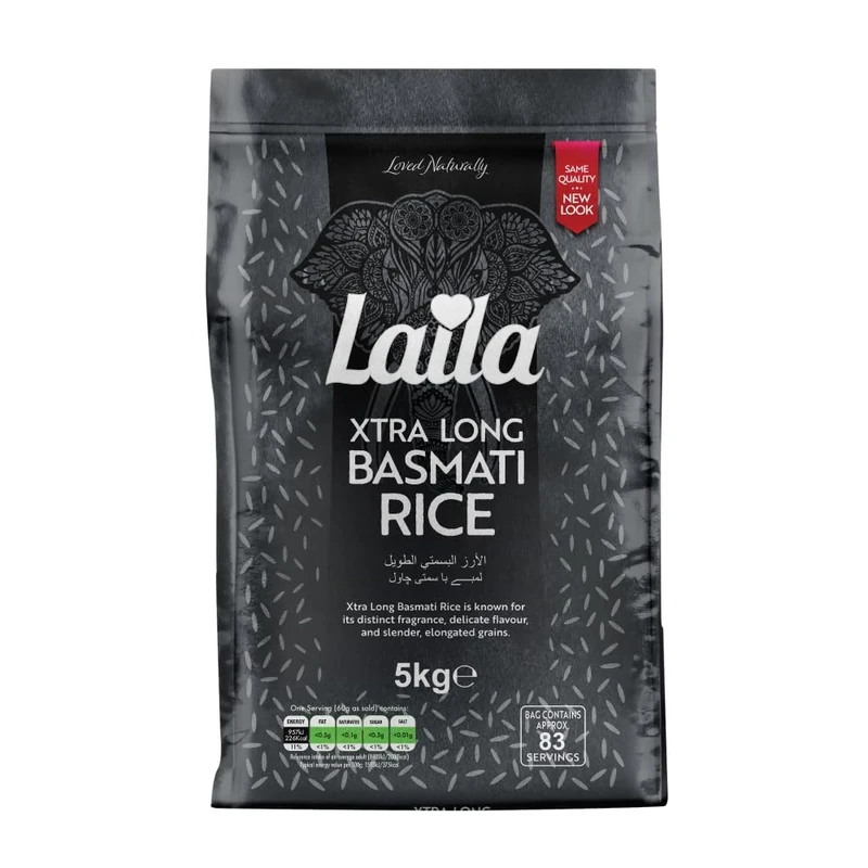 Laila Extra Long Grain Rice 5 Kg - 100 % Gluten Free - Extra Long Grain White Basmati Rice with Aroma Fragrant, Package May Vary