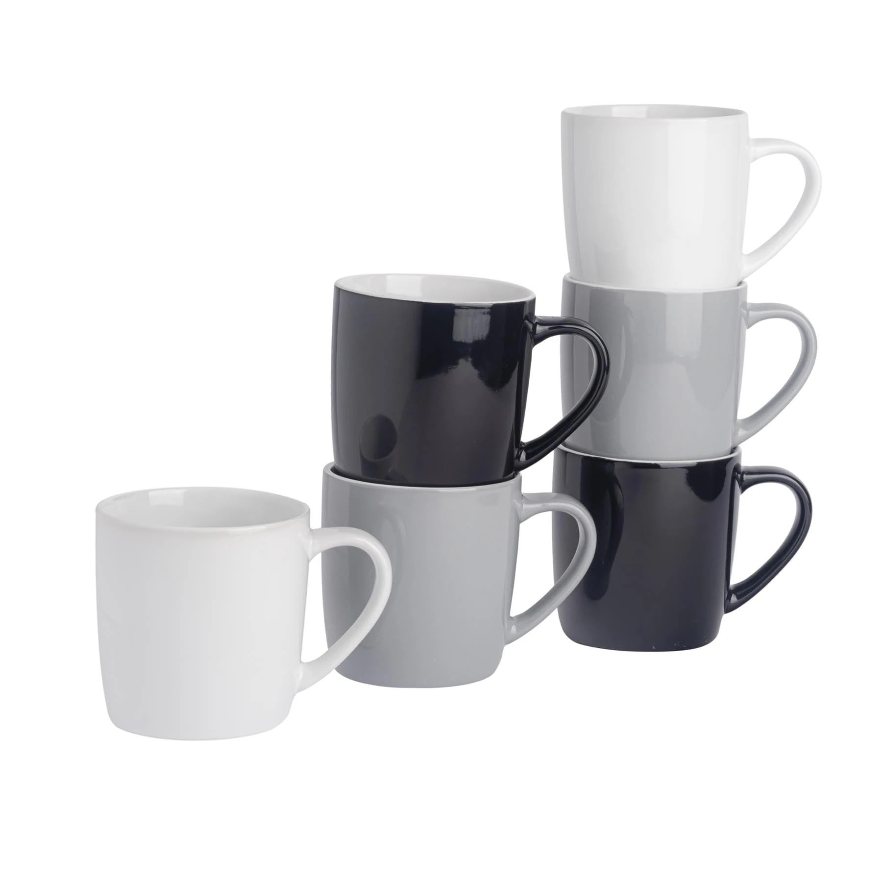 Argon Tableware Tea Coffee Mugs - 6pc Contemporary Coloured Ceramic Cups Set - 350ml - Black Grey White