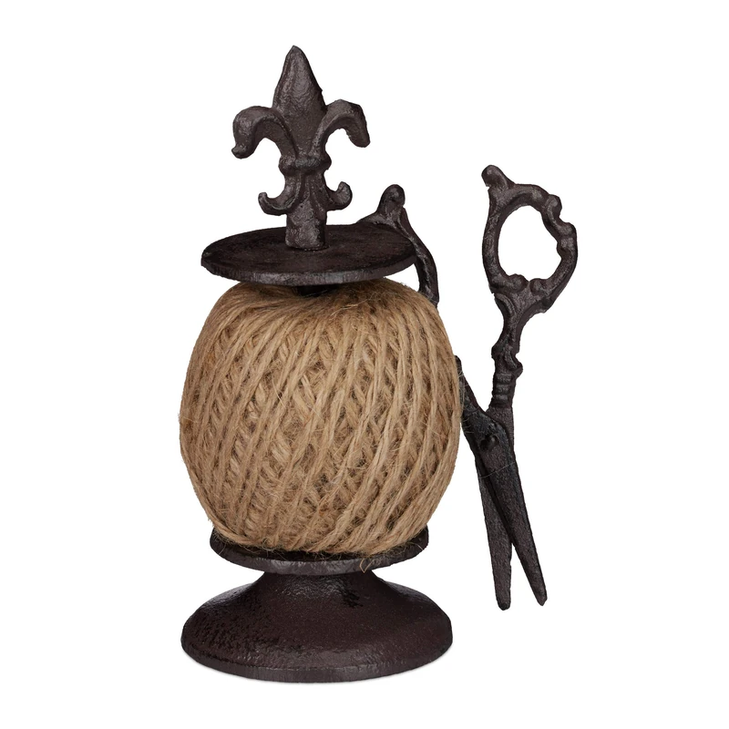 Relaxdays Twine Roll Holder Antique, Cast Iron, String Dispenser With Scissors & Twine, Garden, Kitchen, Dark-brown