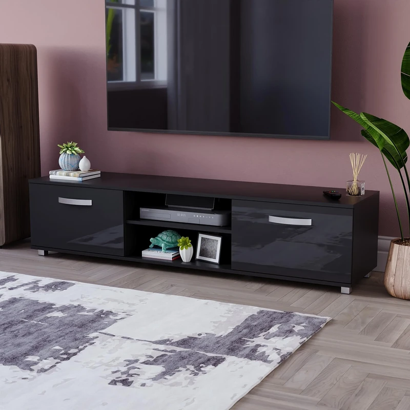 Vida Designs Cosmo TV Unit 2 Door Modern Gloss Matte MDF Living Room Cabinet Media Stand Furntiure Black 160cm