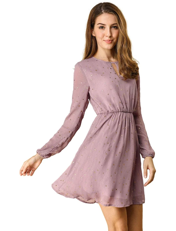 Allegra K Women's Christmas Choker V Neck Gilding Metallic Star Party Flared A-Line Dress Small Light Purple