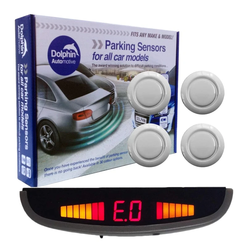 Dolphin DMS455 Micro Reverse Parking Sensors In 9 Colours 4 Ultrasonic Radar Sensors Kit Audio & Rear Roof Mounted Display Alert System Matt & Gloss Black +7 More Colours (White)