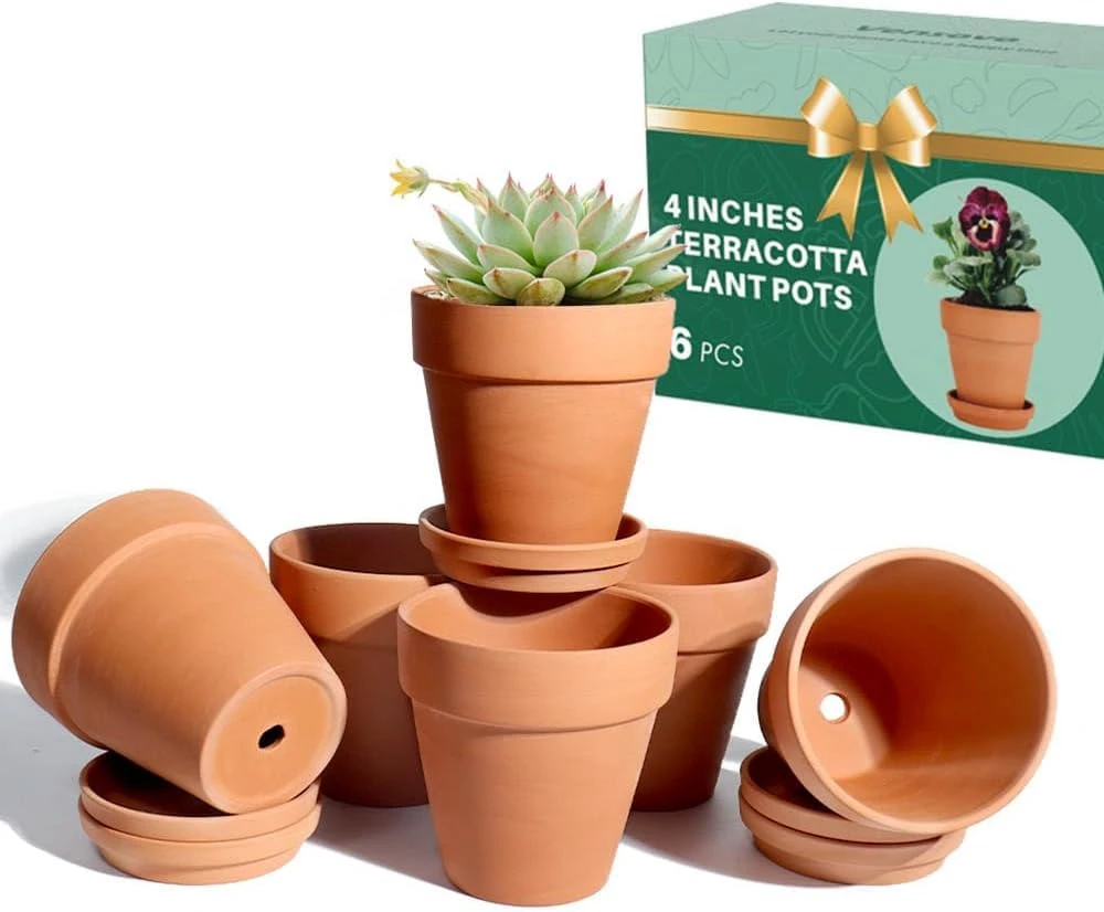 vensovo 10.16cm Terra Cotta Pots with Saucer - 6 Pack Clay Flower Pots with Drainage, Great for Plants, Crafts, Wedding Favor (10.16cm dia)