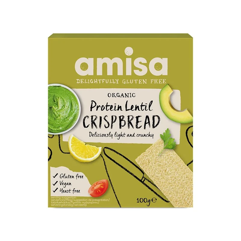 Amisa Organic Gluten-Free Protein Lentil Crispbread, 100g - Yeast Free & Low Carb - Plant-Based Protein - The Perfect Vegan Snack