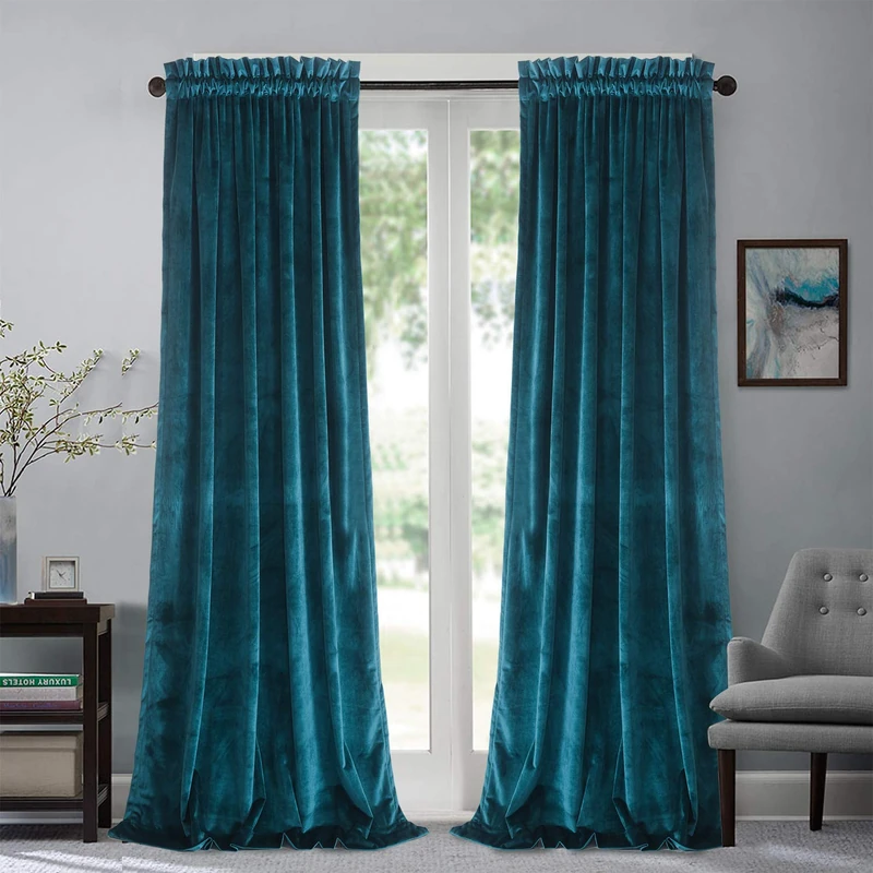Roslynwood Velvet Curtain Panels Peacock Blue Block Light Window Super Soft Luxury Drapes for Bedroom Thermal Insulated Rod Pocket Curtain for Living Room/52Wx108L Peacock Blue, 2 Panels
