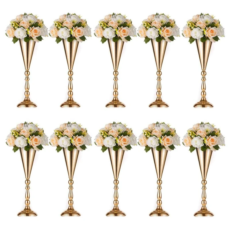 Sziqiqi Set of 10 Tall Metal Wedding Centerpieces for Reception Tables, Gold Flower Vase Stand, Base Decortion for Party, Events, Birthday, Celebration Ceremonies, L × 10