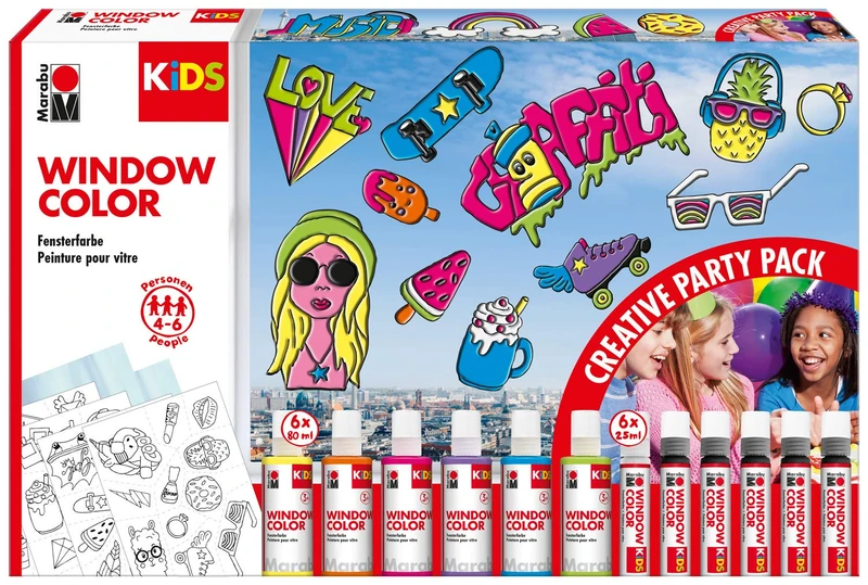 Marabu Kids Window Colour Party Set - 12 Paints and Films - Image 1