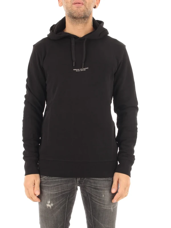 Armani Exchange Men's Pull-Over Hooded Sweatshirt with Front Back Logo, Black, L