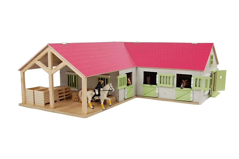 Kids Globe Farming Riding Farm Pink Farm Horse Stable Wooden 1:24 with 3 Boxes Toy Horse Farm with Practical Folding Roof, for All Standard Animal Figures 610210