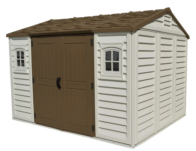 Duramax Apex 10.5 x 8 (8.13 m2) Plastic Garden Storage Shed with 2 Fixed Windows & Metal Foundation Kit, All-Weather Outdoor Storage, Maintenance-Free Vinyl, Adobe & Brown - Image 1
