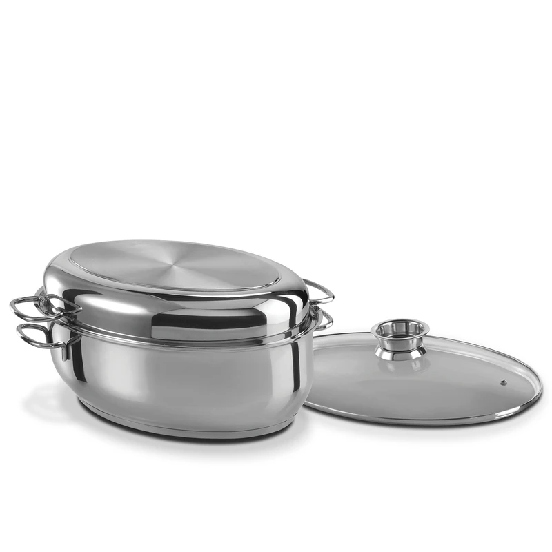 GSW 411318 3-in-1 Stainless Steel MultiRoasting Dish Oval 38 cm Rustproof 18/8 Glass 8.5 litres Silver