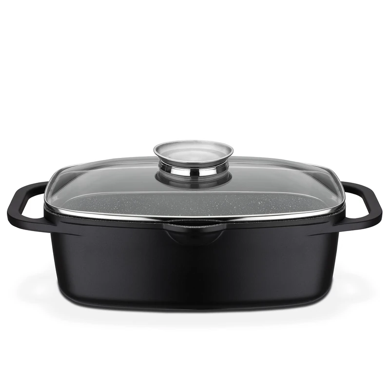 GSW Universal Granite Dish Roasting Dish with Lid, Ideal for Braising, Grilling and Roasting, Suitable for Induction and Oven - Black, Die-Cast Aluminium, 6 Litres
