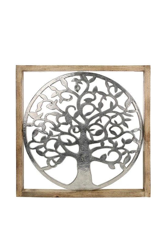 GILDE Decorative Picture XXL Tree of Life Aluminium with Wooden Frame 60 x 60 cm Living Room Wall Decoration Silver Brown