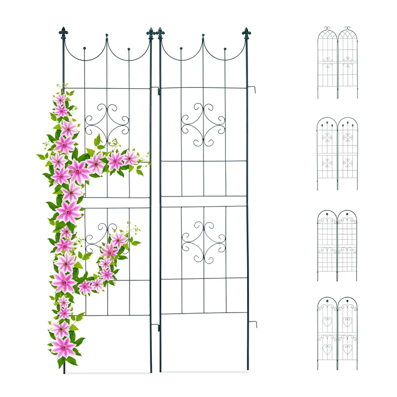 Relaxdays Trellis Set of 2, Metal, 180 x 50 cm, Garden Climbing Aid, Vintage, Ornate Tips, Freestanding, Dark Green