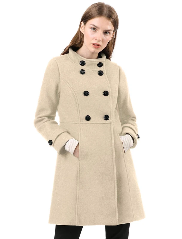 Allegra K Women's Stand Collar Double Breasted Slant Pockets Outwear Winter Coat Cream White S