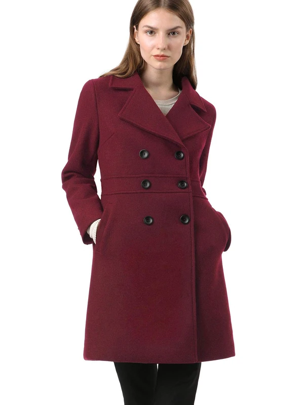 Allegra K Women's Double Breasted Notched Lapel Long Winter Coats Burgundy XS