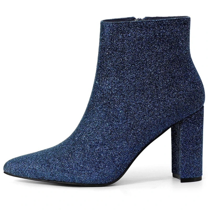 Allegra K Women's Glitter Pointed Toe Chunky Heel Ankle Boots Navy Blue 7 UK/Label Size 9 US