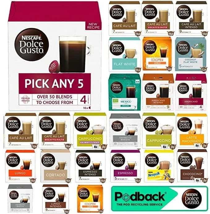 Nescafe Dolce Gusto Coffee, Tea, Chocolate Pods. Pick Any 5 Packs from 40+ Blends Inc: Decaf, Caramel, Cappuccino, Latte, Mocha, Espresso, Skinny, Cafe Au Lait, Vanilla