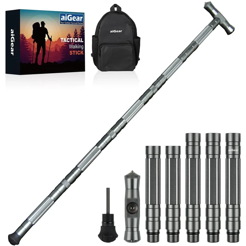 aiGear Walking Stick/Hiking Walking Trekking Poles | CNC Machined Aluminum Tactical Cane - Adjustable Length | Ultralight For Hiking Camping Mountaining | Color Gray(PPWS002)