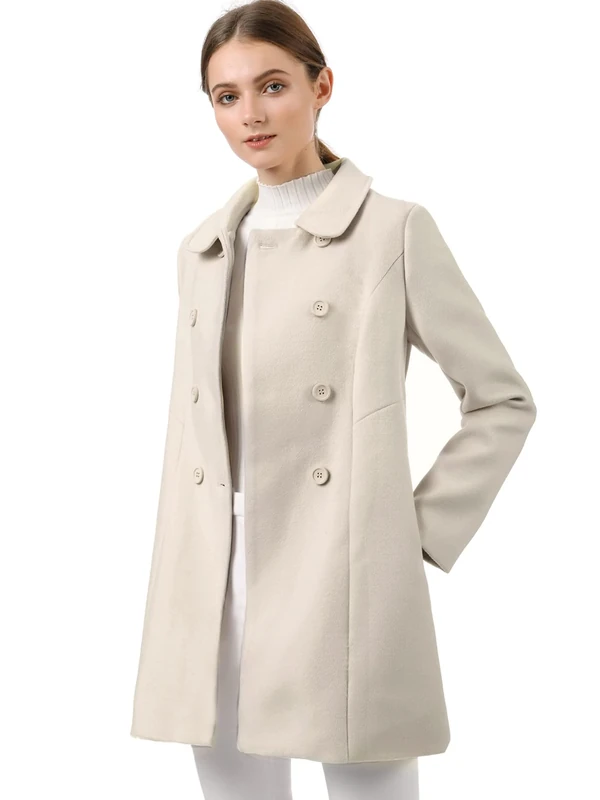Allegra K Women's Peter Pan Collar Double Breasted Winter Long Trench Pea Coat Beige XS