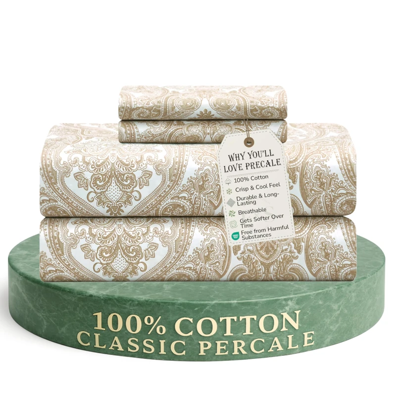 Feather & Stitch Softest 100% Cotton Sheets, 4 Pc Set, 300 Thread Count Percale Weave Bedding, 16" Deep Pocket, Cooling Sheets, Breathable Bed Set (Queen, Ivory Paisley)