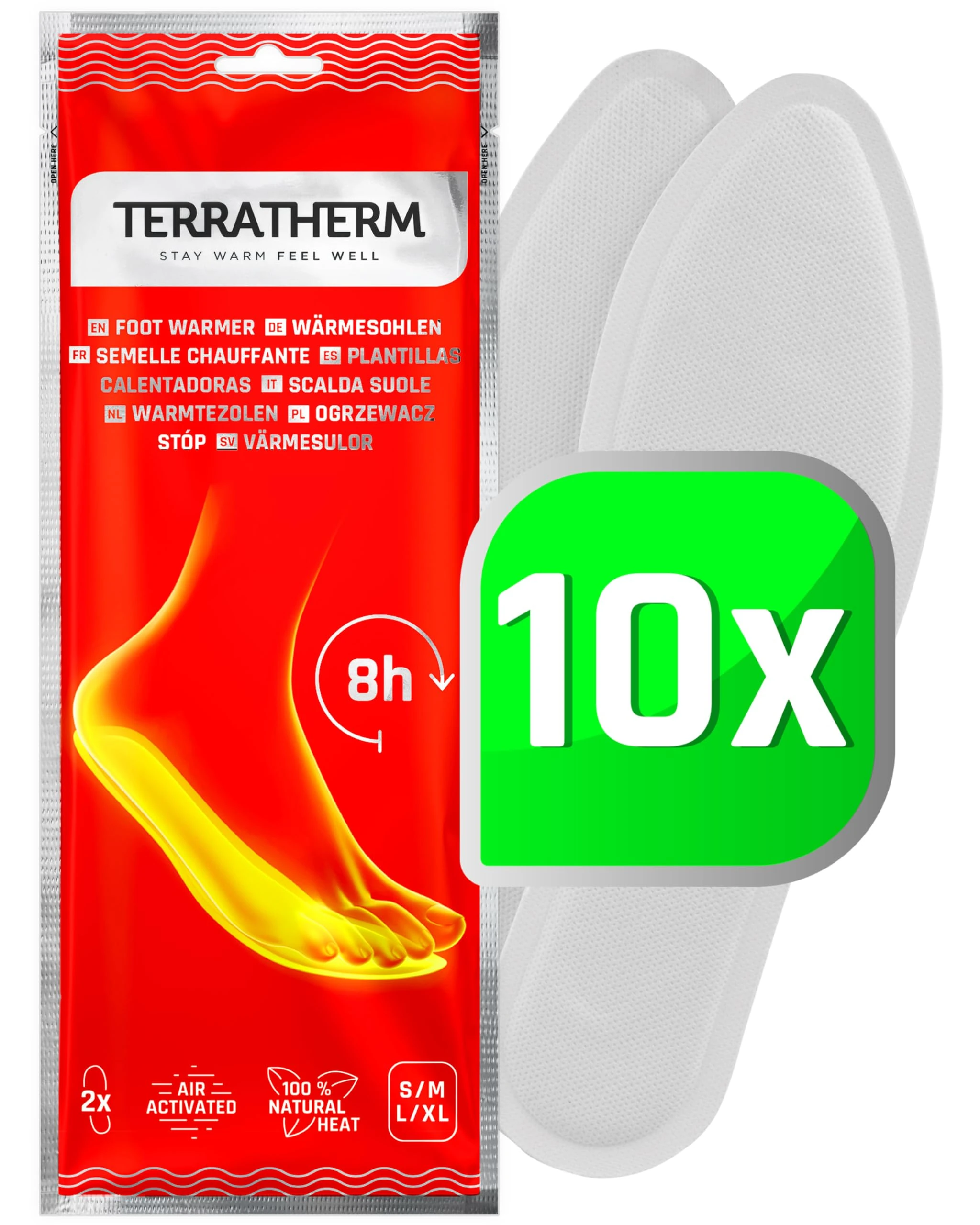 TerraTherm Insole Foot Warmers - Air Activated - 8 hours of warm feet - 5, 10 or 30 Pairs Heated Insoles - 100% natural warmth - 10 Pairs XL