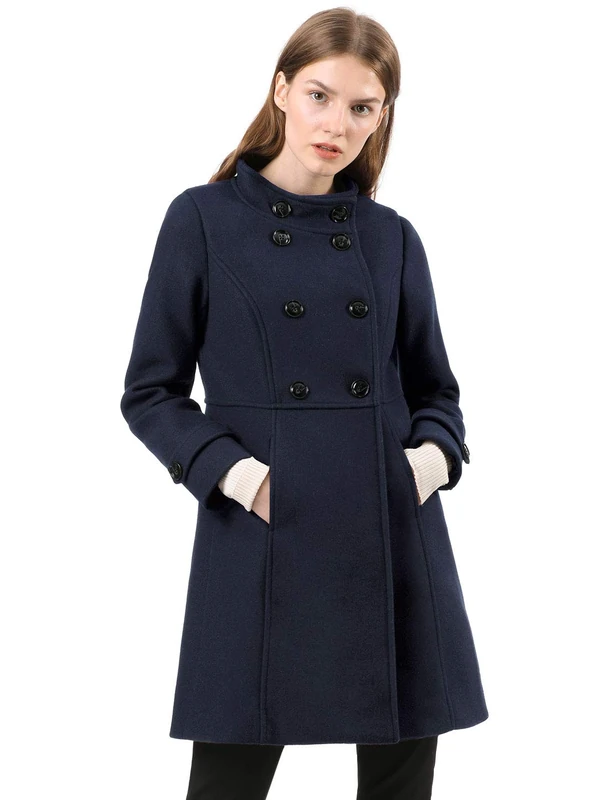Allegra K Women's Stand Collar Double Breasted Slant Pockets Outwear Winter Coat Blue XL