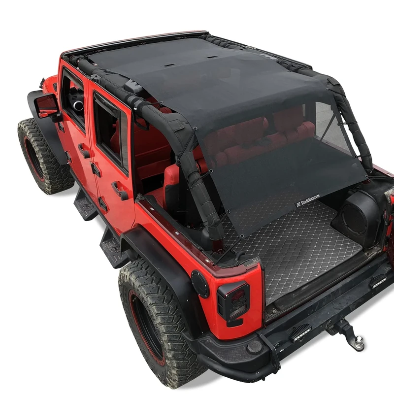 Shadeidea JK Sun Shade Top Compatible with Jeep Wrangler JKU Top Sunshade Soft Mesh Roof Cover (2007-2018)- Wind Noise UV Blocker -10 Year Warranty - 4 Door - Black - Front&Rear&Back (Full Length)