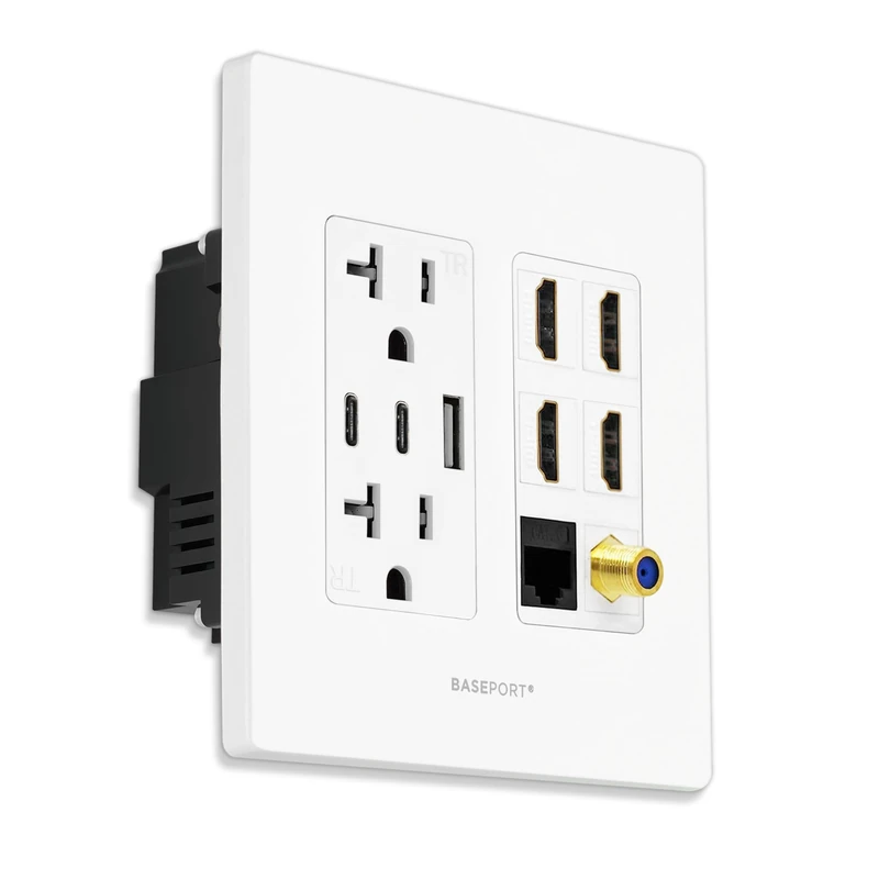 BASEPORT Premium Media Wall Outlet | Dual 6.3A USB-A 2.0 Ports - 1 USB-C 3.0 Port - 4 HDMI - Cat6 Ethernet - 20A Dual Power Outlet - Coax Cable - White Face Plate - Image 1