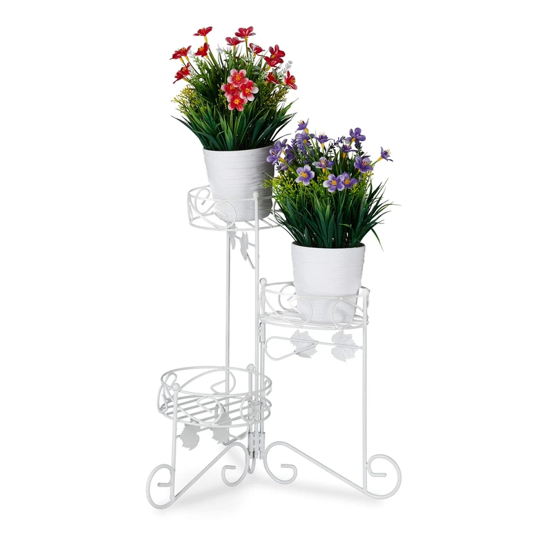 Relaxdays Metal Plant Stand, 3 Tiers, Folding, Decorative Flower Etagere, Vintage, In- & Outdoor Use, H: 40 cm, White