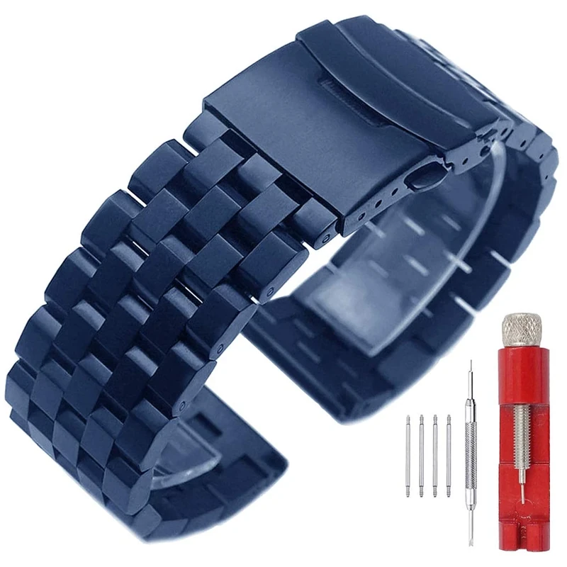 Premium Matte 5 Rows Double Locks 20mm Blue Stainless Steel Watch Band Strap, Replacement Metal Band for Men Women