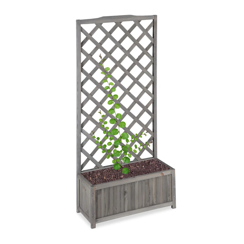 Relaxdays Planter Box with Trellis, Weatherproof, Wooden, Balcony, Garden Bed, Wine, 150 cm Lattice, Wood, grey/silver/metallic, XL - Image 1