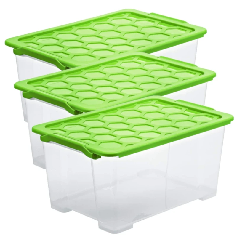 Rotho Evo Safe Keeping Set of 3 Storage boxes with lid 40 l, Plastic (PP) BPA-free, green/transparent, 3 x 44l (59,0 x 39,5 x 28,0 cm)