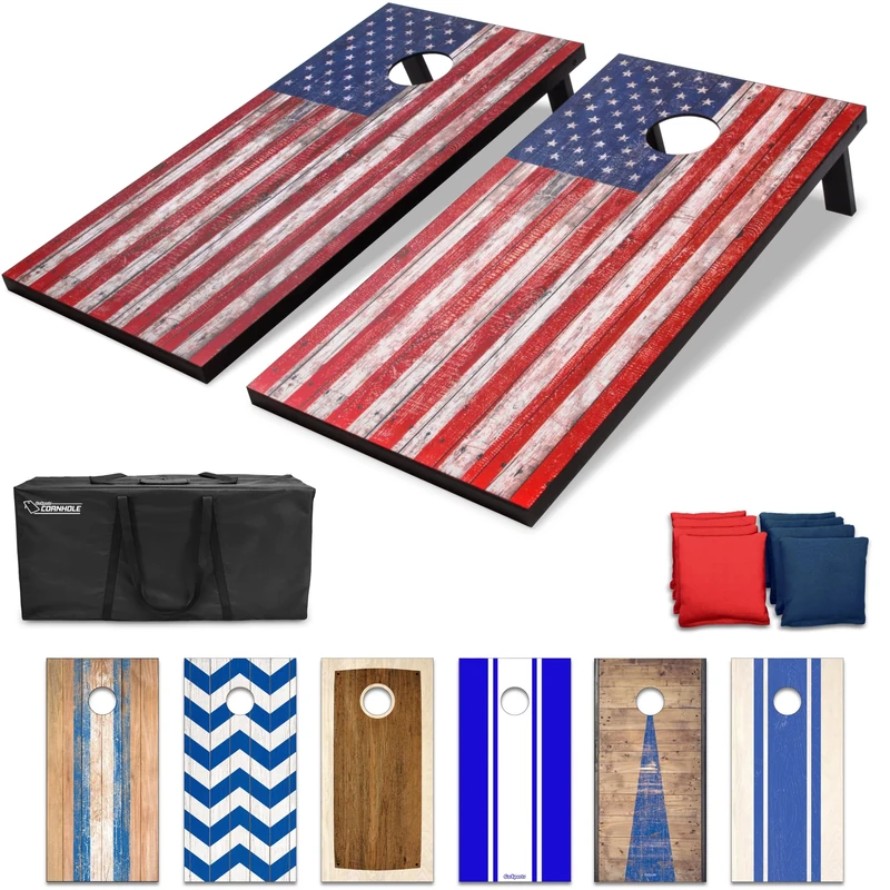 GoSports 4 x 2 ft American Flag Design Cornhole Game Set - Includes Two 4 x 2 ft Boards, 8 Bean Bags, and Carry Case