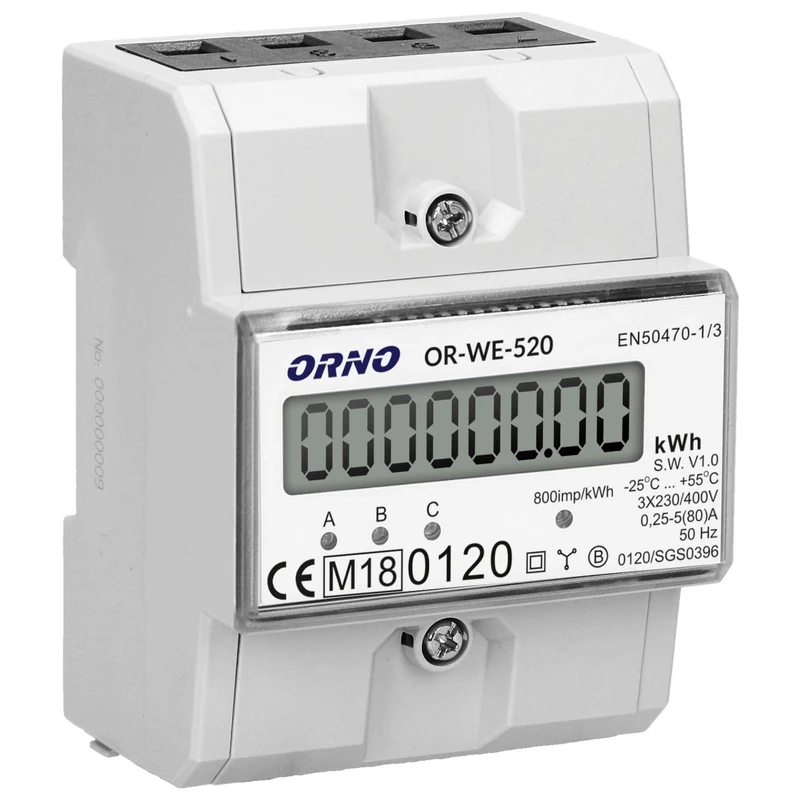 ORNO OR-WE-520 Electricity Meter DIN Rail 3-Phase Disposable MID Calibrated and Certified White