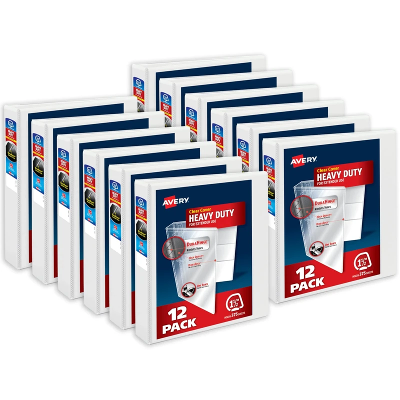 Avery Heavy-Duty View 3 Ring Binders, 1.5 Inch One Touch Slant Rings, DuraHinge, 2.1 Inch Wide Spine, Customizable Clear Cover and Spine, White Binders (12-Pack of 79795)