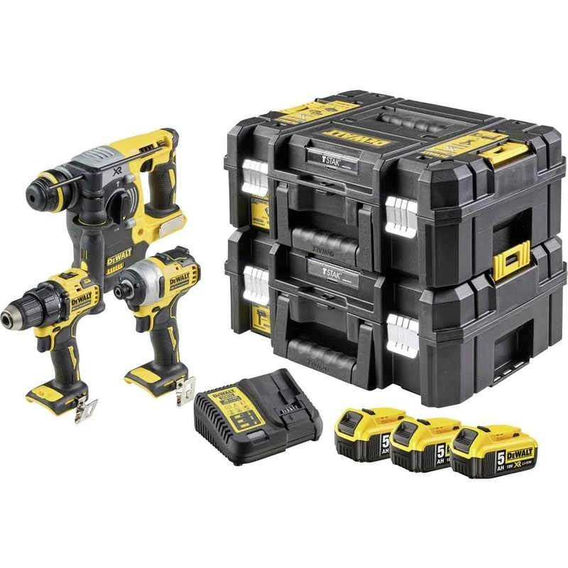 DEWALT DCK377P3T-QW 18 V/5 Ah Battery Combination Pack (Consisting of: Cordless Drill DCD708, Impact Wrench DCD809, Combination Hammer SDS-plus DCH273, Includes 3x Batteries, Charger, 2x T STAK-Box II