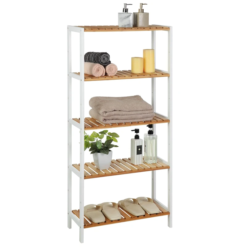 SONGMICS Bamboo Storage Shelf, 5-Tier Shelving Unit, Multifunctional, in the Hallway, Bathroom, Living Room, Balcony, Kitchen, 26 x 60 x 130 cm, White and Natural BCB35WN