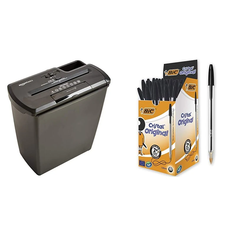 Amazon Basics 8 Sheet Strip Cut Shredder with CD Shred &BIC Cristal Original Ballpoint Pens Medium Point (1.0 mm) – Black, Box of 50