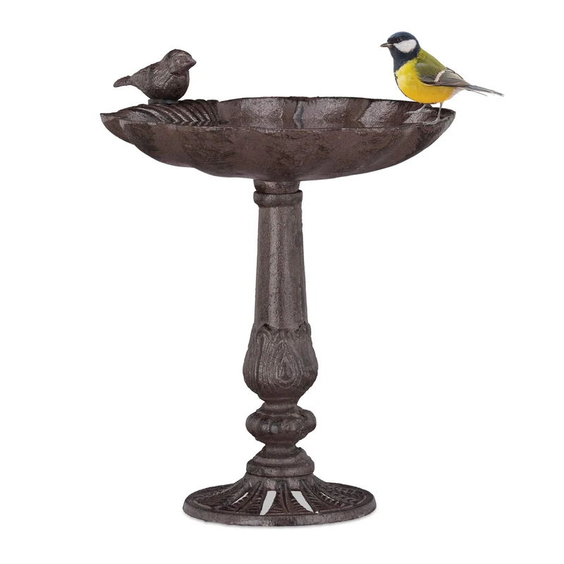 Relaxdays Cast Iron Bird Bath with Stand, Garden Decor, Bird Feeder, Water Bowl, Wild Bird Feeder, Brown, 24.5 x 22 x 18 cm