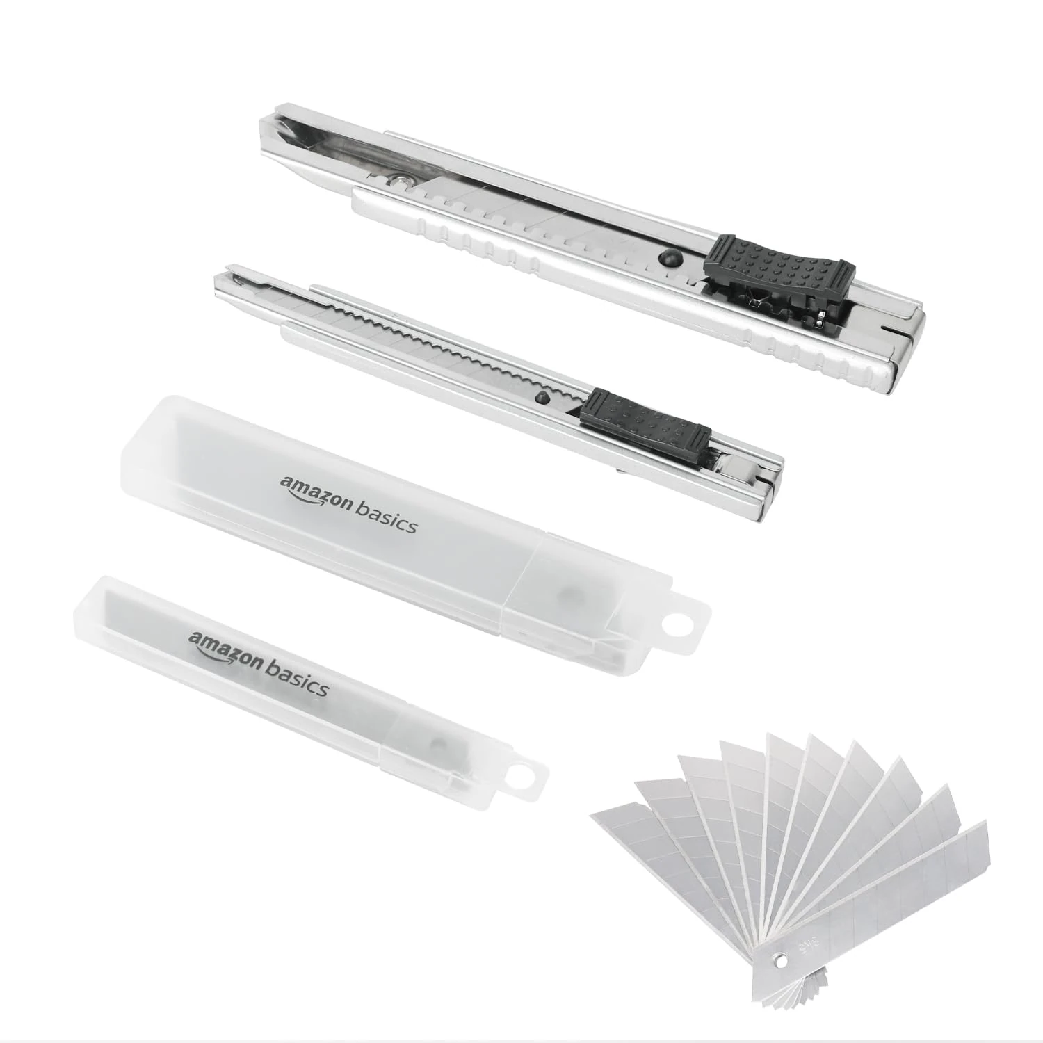 Amazon Basics Auto-Lock Zinc-Alloy Shell Utility Knife, 2 Pack with 20 Piece Extra SK5 Blades for Precision Cutting, Silver