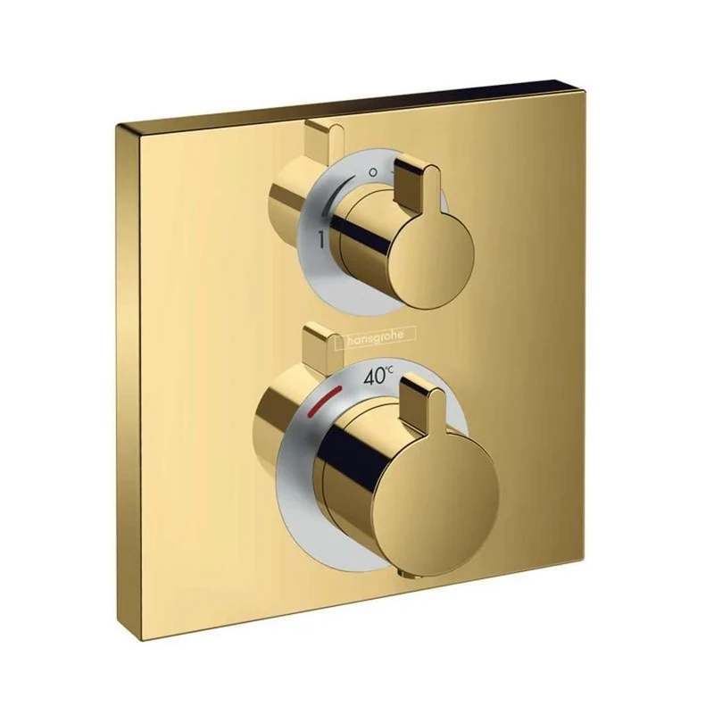 hansgrohe Ecostat Square - Thermostat Concealed, Thermostatic Mixer with Safety Stop at 40 °C, Thermostat Square, Mixer tap for 2 Functions, Polished Gold Optic, 15714990