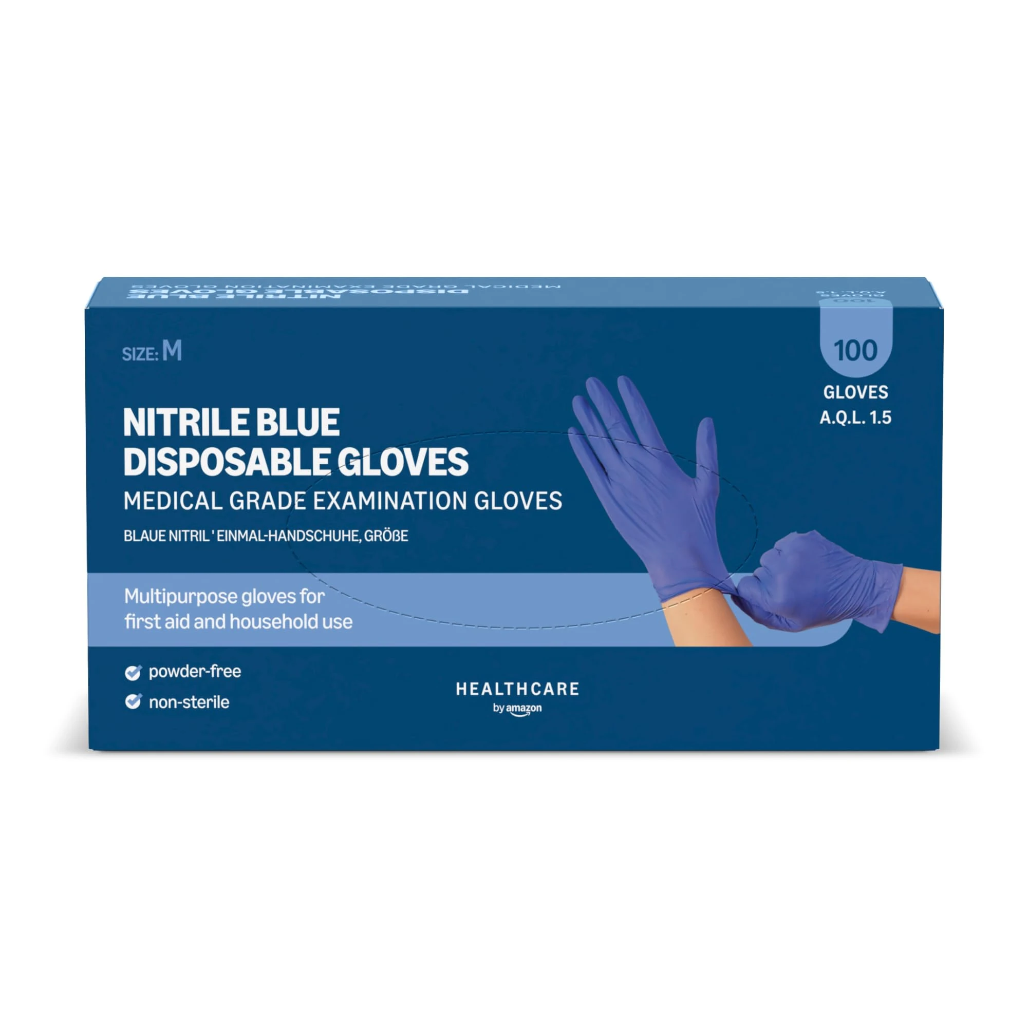 Amazon Basic Care Nitrile Blue Disposable Gloves, Powder-free, Size M, 100 Count (Previously Hevea Brand)