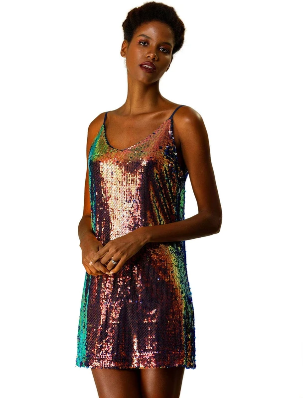 Allegra K Women's Glitter Sequin Dress Spaghetti Strap V Neck Party Cocktail Sparkly Mini Dress Clubwear Mermaid M
