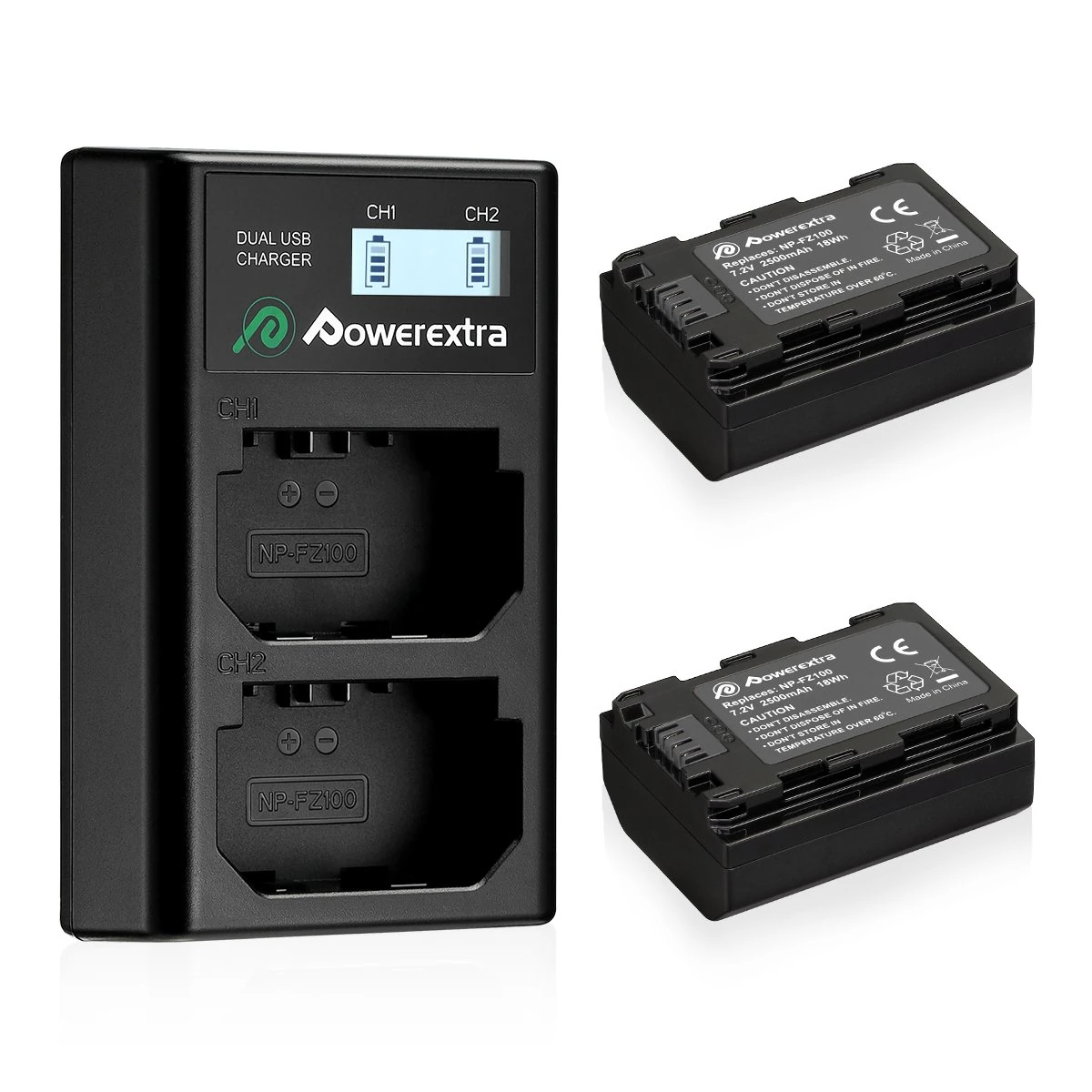 Powerextra NP-FZ100 Battery 2 Pack and Dual LCD Charger 2500mAh,Compatible with Sony A7SIII,A7iv,FX3,FX30,A6600,A7,A1,A9,A9R,A9S,A9II,A7RM3 A7RM4,A7C,A7III,A7RIII,A7RIV Li-ion Battery